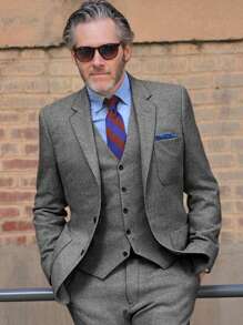 Men'S Suits Retro 3 Piece Suit Tweed Herringbone Men's Suits Slim Fit Groom Tuxedos Set Prom Brown Grey Jacket Blazer Vest Pants - 灰色 - 查看 4