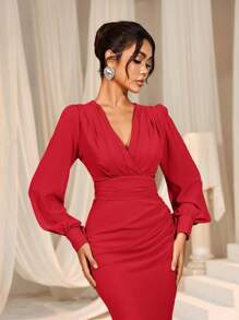 Faeriesty Đầm phù dâu dài bằng chiffon thanh lịch, cổ chữ V, tay áo cánh hoa với bèo nhún và ruy băng satin. - Đỏ - Xem 7