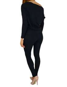 Mono Palazzo Enterizo con Hombros Asimetricos Descubiertos, Manga Larga y Pantalón Ajustado Sport Casual para un Look Sofisticado y Cómodo - Negro - Ver 6