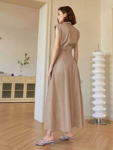 Vestido midi elegante de unicolor sin mangas para mujer, vestido con cuello estilo "Old Money", vestido elegante de primavera/verano, atuendos de verano para mujer, graduación, baile de graduación, casual de negocios - Caqui - Ver 2