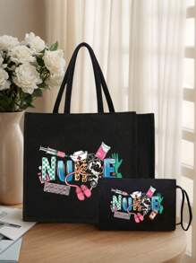 护士主题手提包，轻便购物袋，兼具便携旅行沙滩包和化妆包功能，配有听诊器、注射器图案印花设计，亚麻大容量手提包，手提包和化妆包套装