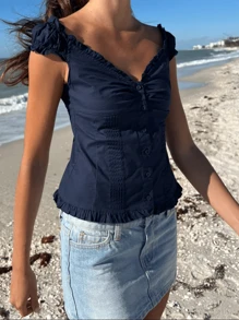 Women's Y2K Fairycore Shirt Top Vintage Cap Sleeve Button Down Ruffle T Shirts Tops Solid Color Slim Fit Frill Tees Summer Blouses Casual Going Out Tops Aesthetic Clothes Streetwear - Blue - View 3