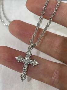 1PC Shiny Crystal Zirconia Cross Pendant Necklace For Women Girls Punk Silver Color Thin Chain Necklace Party Jewelry Birthday Gift