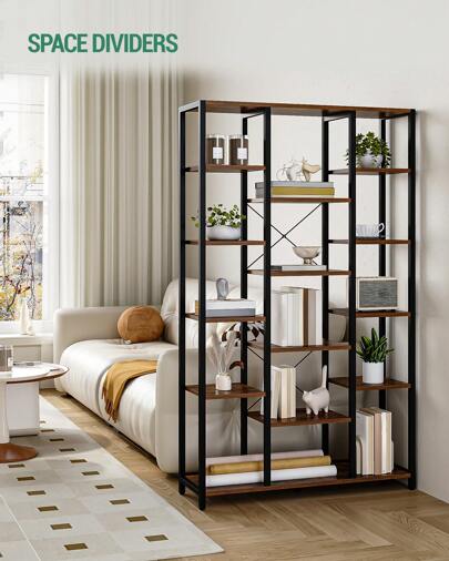 Hzuaneri Bookshelf, 6 Tier Bookcase With 15 Open Display Shelves, Adjustable Storage Shelving Unit For Living Room, Home Office, 30 X 100 X 170 Cm, Rustic Brown And Black
