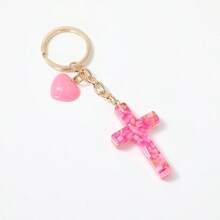 1pc Women's New European & American Style Resin Heart Cross Pendant Keychain, Shiny Cross Tassel Charm Accessory, Simple Backpack Hanging Ornament, Small Gift - Multicolor - View 7
