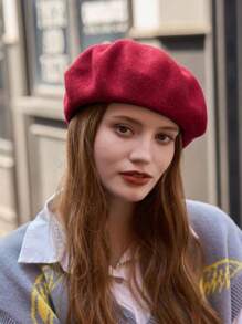 1 件男女通用纯色贝雷帽，百搭经典时尚休闲风格，透气舒适遮阳，适合日常通勤、徒步旅行、露营、骑自行车、海滩、绘画、摄影 - 酒紅色 - 查看 2