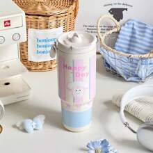 1pcs900ml容量保温冰金杯，吸管直饮双饮设计，316不锈钢内胆材质，适用于汽车、学校、生日礼物、斋月礼物、办公室等，可爱风动物图案时尚搭配，彩盒包装，四种款式可选。 - 淺藍白 - 查看 7