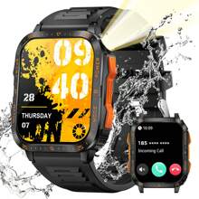 EIGIIS 3ATM 防水男士智能手表，带无线通话 LED 手电筒，1.96 英寸高清户外智能手表，运动健身追踪器手表，带睡眠监测器、锻炼记录、语音助手、计时器、秒表，适用于 iOS Android 手机