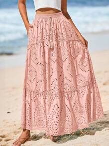 Women's Casual Lace Embroidery Eyelet Elastic High Waist Tiered A-Line Flowy Long Skirt Summer Boho Bohemian Beach Spring Holiday Vacation Going Out Valentine Long Maxi Skirt Outfits - 粉色 - 查看 1
