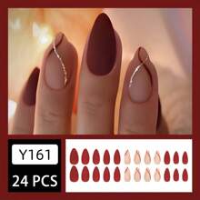 24 piezas de uñas postizas con forma de almendra mate en estilo elegante con rayas doradas y rojas para mujeres y niñas
