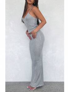 Women 2-Piece Bright Silk Skirt Set Spaghetti Strap Scoop Neck Cami Long Skirt Bodycon Outfit - Grey - View 7