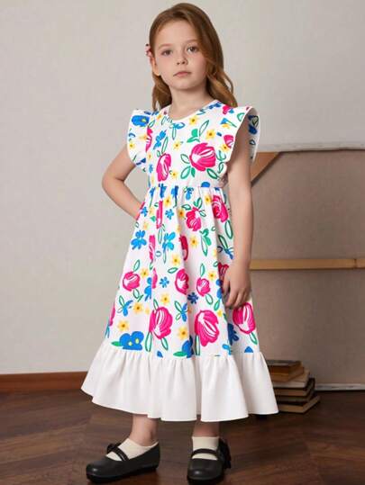 Seven Princess Young Girls' Summer New Boho V-Neck Ruffle Sleeve Colorful Floral Print Casual Dress, Suitable For Casual, Vacation, Party, Outdoor Wear