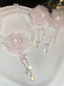 Set de 2 piezas de aretes y collar con flor de malla rosa de aguja plateada y borla de perlas falsas, diseño dulce y Charm elegante para San Valentín
