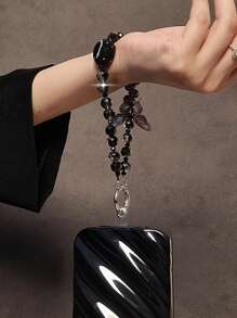 1pc Butterfly Crystal Bling Phone Lanyard, Delicate Crystal Beaded Short Wrist Strap With Clip Anti-Lost Phone Cord, Luxury Vibe - Multicolor - View 5