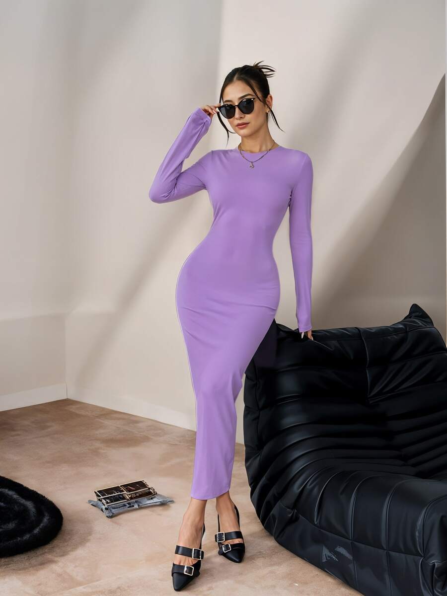 Long Sleeve Midi DressPlainElegantSLAPPETSRibbed