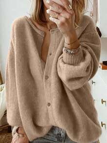 Women's Casual Solid Color Drop Shoulder Long Sleeve Single-Breasted Knitted Cardigan, Autumn/Winter - Camel - View 2