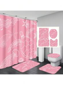 1pc/4pcs Ocean Creatures Multifunctional Bathroom Decoration Set: Waterproof Shower Curtain With 12 Hooks, Anti-Slip Bath Mat, U-Shape Floor Mat, And Round Toilet Seat Cover - Comprehensive Bathroom Solution Bathroom Accessories Back To School