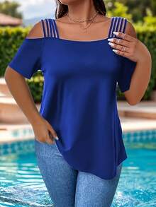 1 Pc Solid Color Knit Fabric Spaghetti Strap Plus Size Women T-Shirt, Summer - Blue - View 3