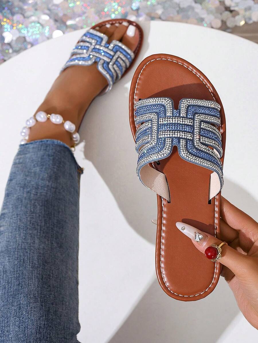 闪亮水钻装饰拖鞋，韩式休闲平底凉鞋，露趾，适合夏季装扮、海滩、度假、春夏 - 藍色 - 查看 1