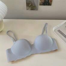 4 piezas de sujetadores push-up sexys sin costuras con pecho pequeño, sujetadores de copa gruesa para mujer y sin aro de acero, sujetadores de una pieza para niñas Shumei - Amarillo Azul Caqui Gris - Ver 4