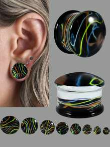 1 Pair Glass Waist Drum Ear Gauge Transparent Lines Black 8- 25mm Stretcher Expander Piercing Body Jewelry