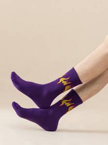 1/2/3/4 双火焰袜时尚男士火焰印花中筒袜透气休闲袜适合春季运动 - 紫色 - 查看 2