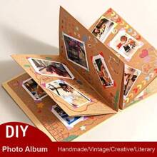 1pc 2025 Graduation Photo Album Scrapbook, For Room Decor, Photo Card Clips, Kpop Album Photo Cards, Gift For Boyfriend, Black Cowhide Paper Pages, 7"X5", 17 Folding Pages, DIY Notebook, Wedding Anniversary Memories, Travel, Guest Book, Christmas, Party, Guestbook, Birthday, Valentine's Day Gift
