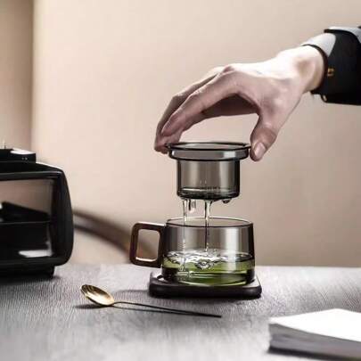 1 件 200ml/6.76 盎司，耐热设计，采用高硼硅玻璃和木质手柄材质，多功能泡茶玻璃杯，现代简约透明直身杯型，可拆卸漏茶过滤器