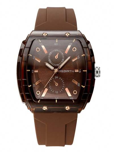 1pc Women Casual Minimalist Fashion Barrel Silicone Band Quartz Movement Wrist Watch, Suitable For Daily Wear