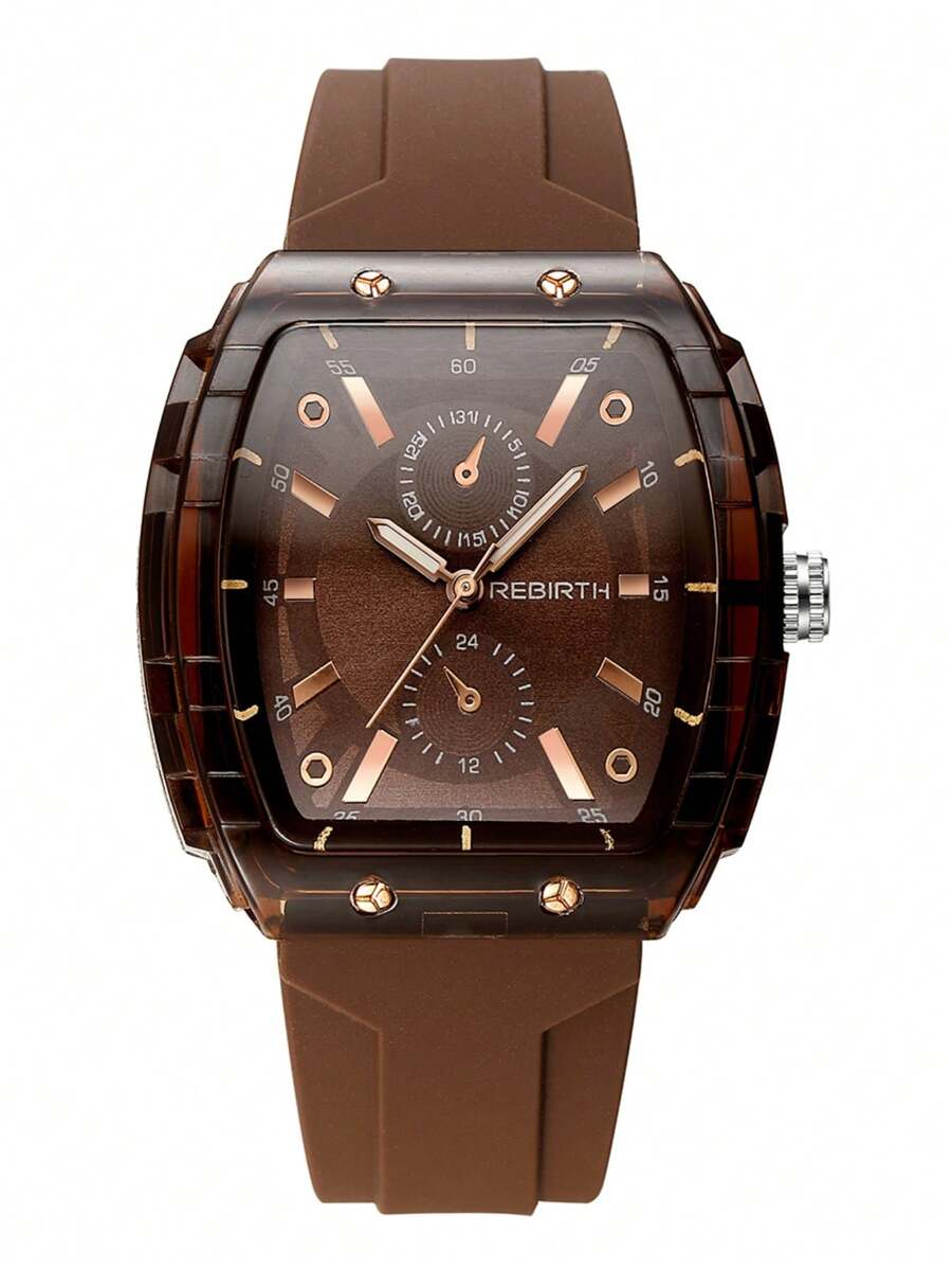 1 件女士休闲简约时尚桶形硅胶表带石英机芯腕表，适合日常佩戴 - 棕色 - 查看 1