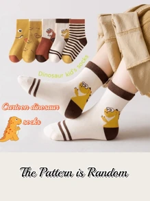 5 双儿童经典卡通绿色恐龙图案中筒袜，男女通用 - 黃色 - 查看 5