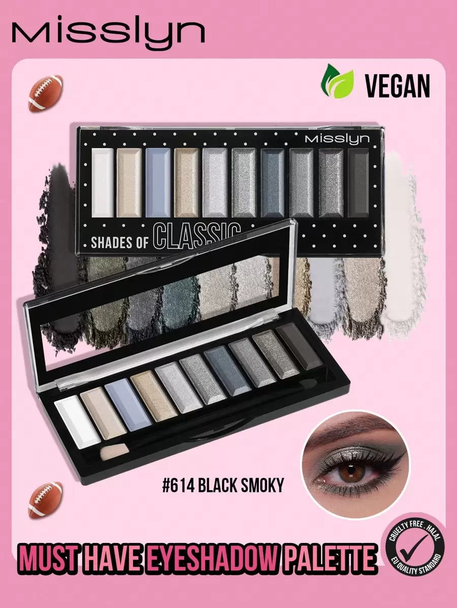 Misslyn 必备眼影盘，烟熏黑色，高显色度哑光和珠光色调，持久易晕染粉状质地，色彩自然鲜艳，触感柔滑，情人节礼物，纯素，无动物实验 - 614號 - 查看 1