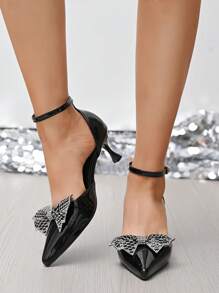 Women's Pointed Toe High Heels, Decorated With Bow, Rhinestones, Single-Strap, Closed Heel, Hollowed-Out Side Design, Suitable For Daily Wear, Commuting, Outdoor, Office, School, Party, Gala, Banquet, Formal Occasions, High-End, Elegant And Luxurious, Can Be Worn All Year Round, Available In Black And Brown