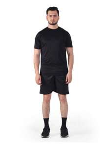 Absanoh Men's Short Sleeve T-Shirt And Short Workout Set Solid Color Round Neck Tee Set Knitted Casual 2 Piece Set For Spring And Summer Gym Sports Outfit - Black - View 1