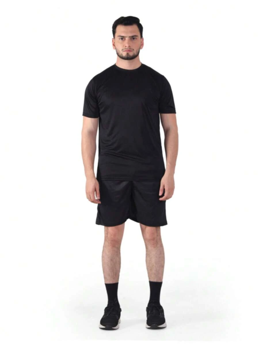 Absanoh Men's Short Sleeve T-Shirt And Short Workout Set Solid Color Round Neck Tee Set Knitted Casual 2 Piece Set For Spring And Summer Gym Sports Outfit - Black - View 1