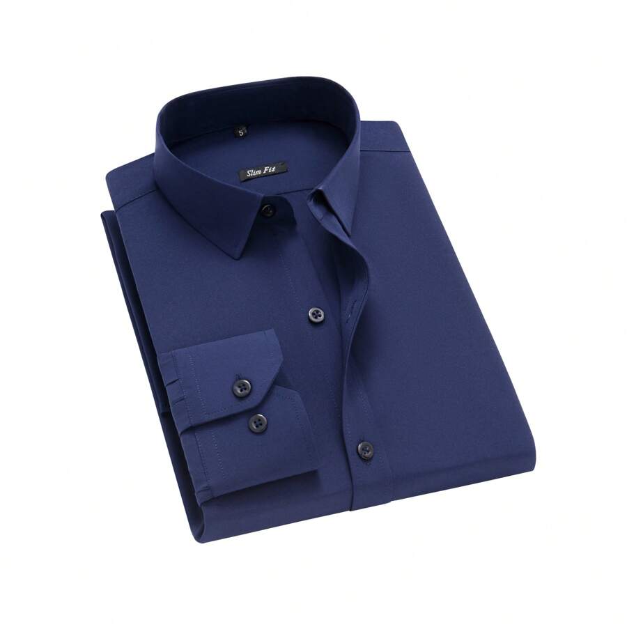 Men's Long Sleeve Dress Shirt, Good Quality, Slim Fit, Microelasticity - Navy Blue - View 1
