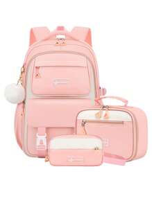 3pcs/Set - Large Capacity Girl's Backpack. Student Bag With Lunch Box Bag And Pencil Case. Simple 15.6-Inch School Laptop Backpack. Outdoor Travel Bag With Plush Ball Pendant. Back-To-School Essential. Suitable For School And Travel