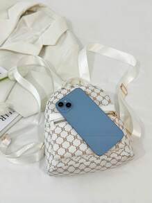 时尚蝴蝶结经典花卉印花女士背包、手提包和托特包、百搭拉链休闲单肩包 - 白色 - 查看 6