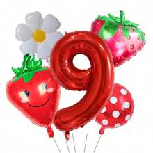 5pcs 32 Inch 1-9 Red Number Strawberry Foil Balloon Set, Strawberry Theme Birthday, Anniversary, Wedding Anniversary, Party Decoration Foil Balloons
