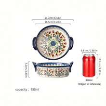 手绘陶瓷碗，彩色烘焙碗，带手柄，沙拉烧烤，奶酪烤饭锅圆形烤盘，烤盘套装，烹饪砂锅，蛋糕晚餐，厨房，手工绘画技术波兰三色堇，烤箱烘焙碗 - 彩色 - 查看 7