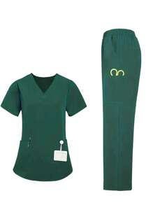 Women's Solid Color V-Neck Short Sleeve Pocket Top And Pants Uniform Set - Green - View 1