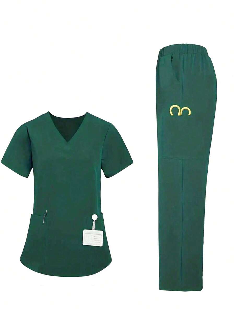 Women's Solid Color V-Neck Short Sleeve Pocket Top And Pants Uniform Set - Green - View 1