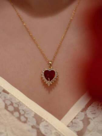 1 pieza Collar con colgante de corazón de rubí microincrustado de estilo versátil de alta gama para mujeres