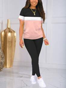 Contrast Color Print Sporty Round Neck Short Sleeve Top & Leggings