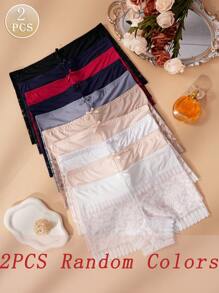 2PCS Random Colors Women Simple Lace Trimmed Solid Color Casual Boyshorts - Multicolor - View 2