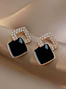 1 对时尚欧美经典水钻几何设计耳环，黑色百搭奢华时尚独特女士耳环