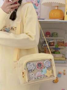 2025可爱女孩糖果色透明手机袋钱包，新款单肩包，斜挎包，PVC DIY徽章展示板手提包，时尚米黄色女包 - 黃色 - 查看 4