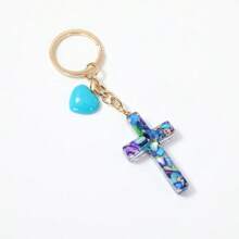 1pc Women's New European & American Style Resin Heart Cross Pendant Keychain, Shiny Cross Tassel Charm Accessory, Simple Backpack Hanging Ornament, Small Gift - Multicolor - View 4