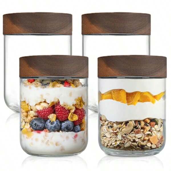 Barattolo di vetro sigillato con coperchio in legno di palissandro di grande capacità, tazza da avena per spuntino, yogurt, frutta secca