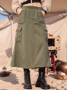1 Pc Teen Girl Fashion High Street Personalized Design Retro Pocket Cargo Skirt